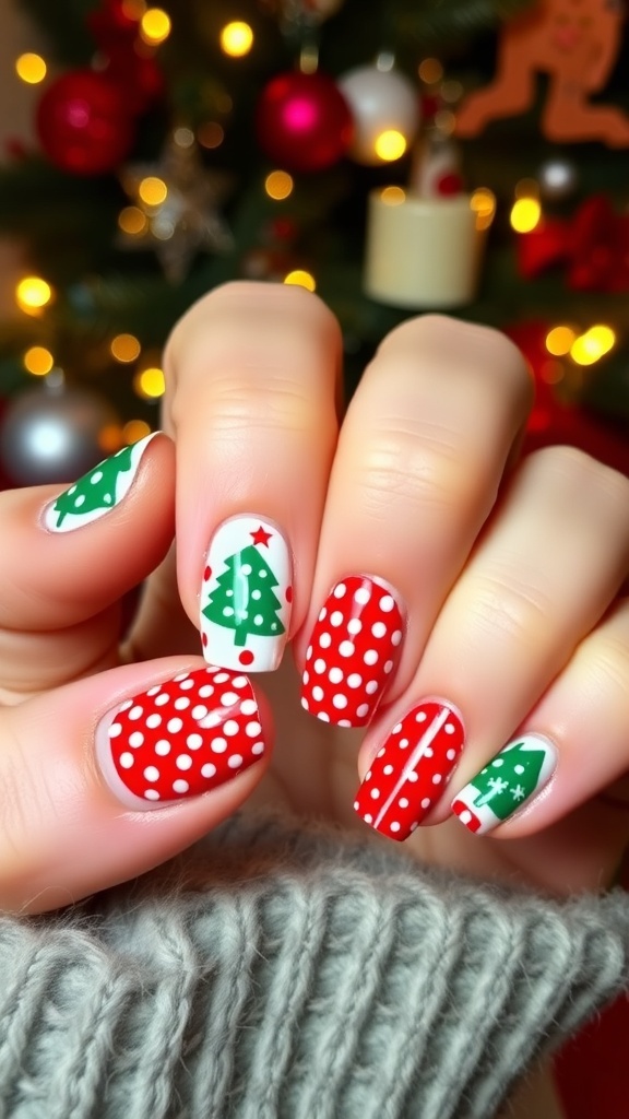 1960s Inspired Christmas Nail Art 1960s inspired Christmas nail art with red and green colors, polka dots, and festive designs.